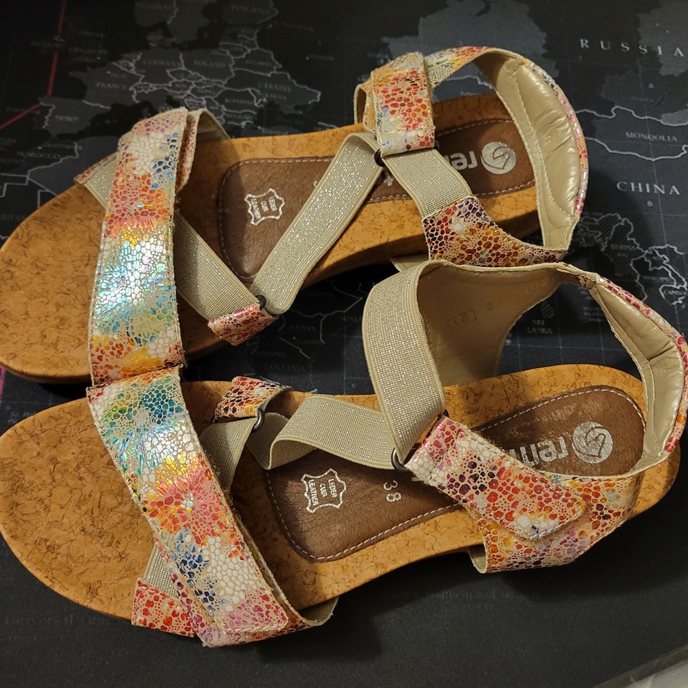 Remonte Colorful Leather Sandals With Velcro Cloaures. Size 38